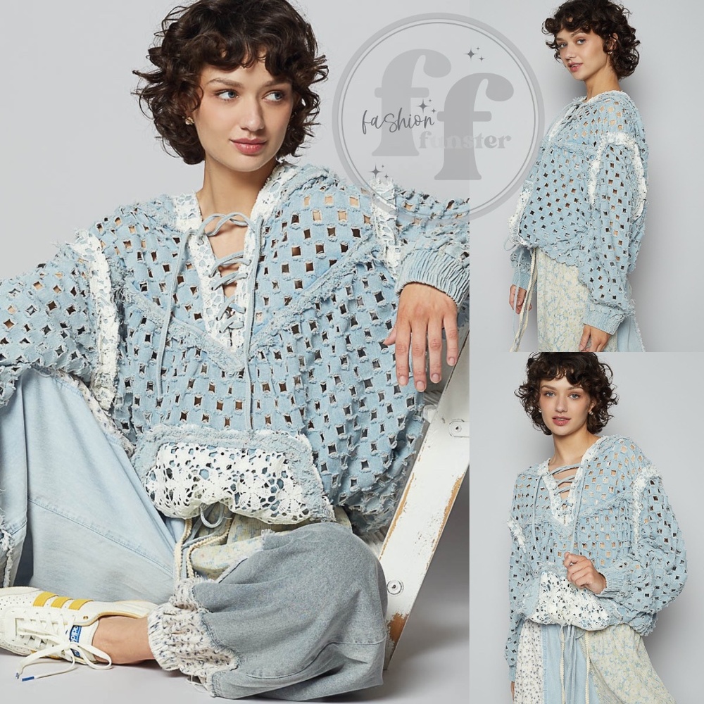 POL Laser Cut Denim Lace Hoodie Openwork Denim Crochet Lace Up Hoodie Top